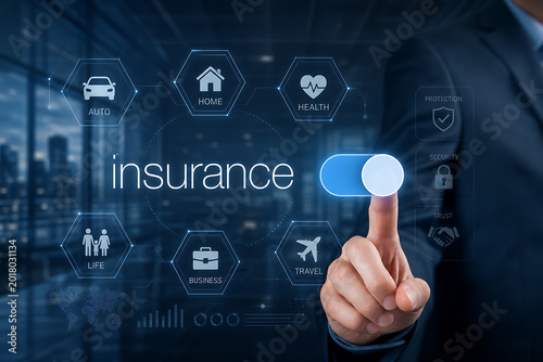 Man in suit interacting with insurance icons on digital interface
