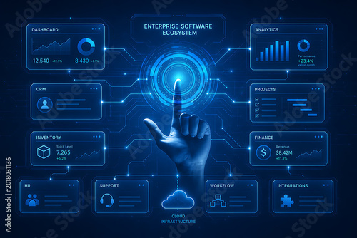 A hand interacts with a glowing blue interface displaying various business analytics and statistics on a dark background with technology.