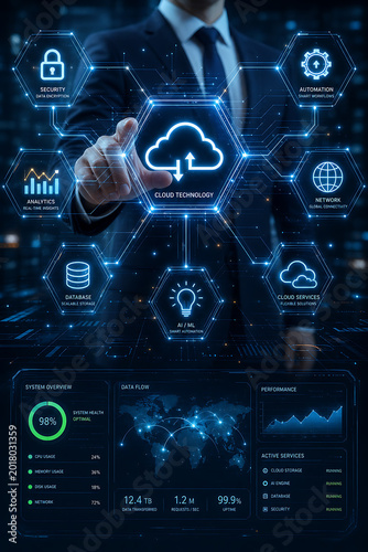 Businessman interacts with futuristic cloud computing interface in a dark environment with various icons.
