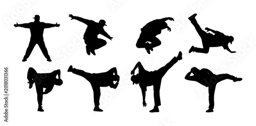 Schilderij op canvas Breakdancing Silhouettes, Dynamic Hip Hop Dance Moves, Urban Street Dance Poses,