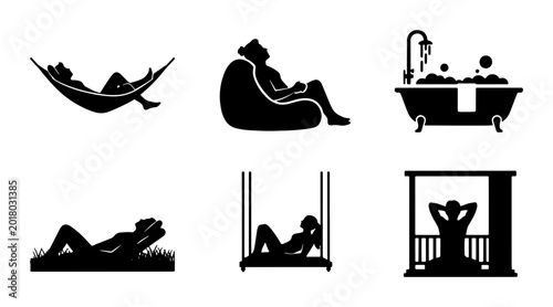 Foto Relaxation Icons Set, Leisure Lifestyle Silhouettes, Rest and Comfort Vector Gra