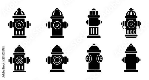 Tableau sur toile Fire Hydrant Icons Set, Black and White Vector Graphics, Urban Safety Equipment