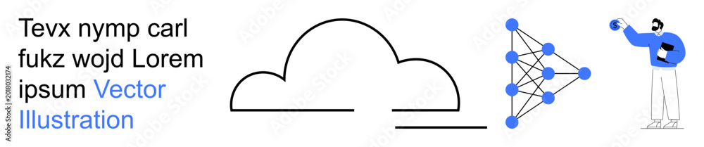Obraz premium Cloud computing, artificial intelligence, data analysis, neural networks, machine learning, technology innovation. Illustration shows a cloud, neural network and a person analyzing data. Cloud