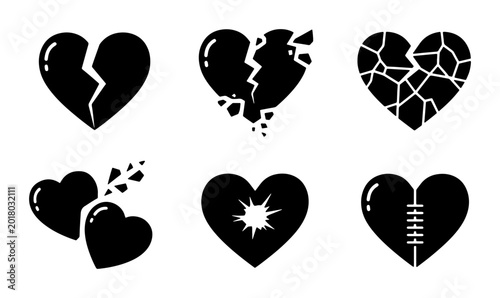 Foto Broken Heart Icons Set, Vector Graphics of Shattered Love Symbols, Grief and Sad