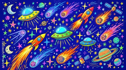 Vibrant doodle space illustration featuring rockets UFOs planets and glowing stars perfect for childrens backgrounds or cosmic themes