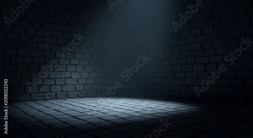 Dark Empty Room Spotlight, Brick Walls and Floor, Mysterious Atmosphere