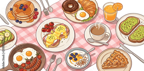 Photos Delicious Breakfast Food Flat Lay Collection Featuring Pancakes, Eggs Benedict,