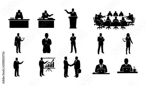 Obraz na płótnie Business Meeting Icons, Professional Silhouettes, Corporate Presentation Graphic