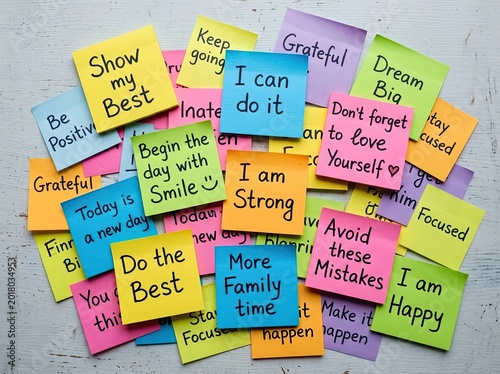 Colorful sticky notes with motivational affirmations, arranged on a textured surface Motivational Concept