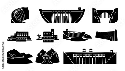 Tableau sur toile Diverse Dam Icons Set, Hydroelectric Power Structures Collection, Water Engineer