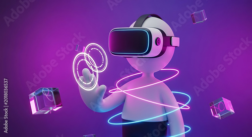 person wearing virtual reality headset with neon lights and cubes high quality