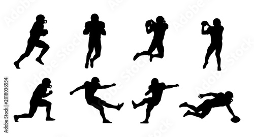 Canvas Print American Football Player Silhouettes, Action Poses Vector Set: Running, Throwing
