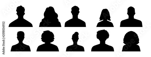 Conjunto de siluetas de personas. Representa perfiles humanos. Incluye hombres, mujeres, usuarios, avatares, diversidad. Ilustración vectorial
