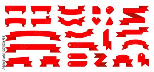 Conjunto de cintas decorativas rojas. Representa etiquetas elegantes. Incluye banners, marcos, adornos, insignias, decoración. Ilustración vectorial