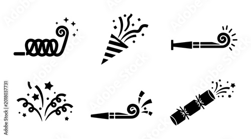 Fotografie Party Popper Icons, Celebration Noise Makers, Festive Blowouts, Vector Set for N