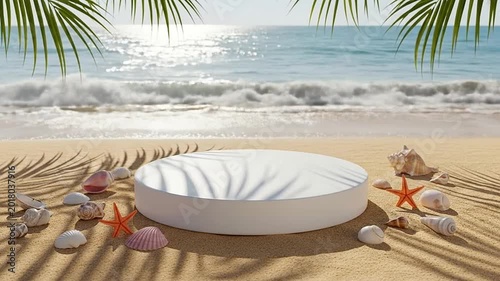 A white circular product display stand on a sunny tropical beach