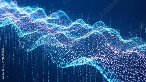 Abstract digital wave background with glowing blue particles and light