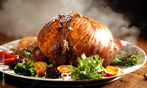 A perfect oven roasted turkey as a Thanksgiving centerpiece on a rustic wooden table.