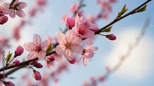Delicate pink blossoms bloom on a tree branch against a soft blue sky