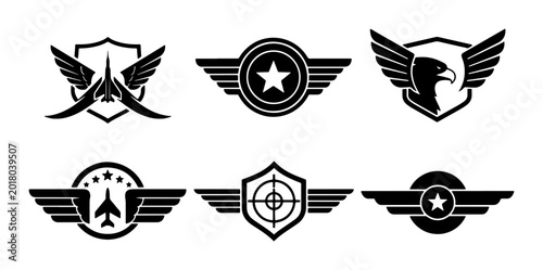 Bild auf Leinwand Military Aviation Badges Set, Jet Fighter Emblems, Eagle Crests, Target Insignia