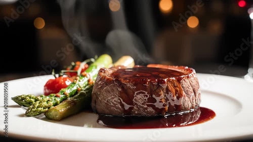 A chef delicately drizzles a rich sauce over a perfectly cooked steak accompanied by vibrant asparagus and cherry tomatoes, creating a visually appealing and gourmet dining experience.