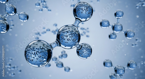 water molecules in a blue liquid close up of molecular structure