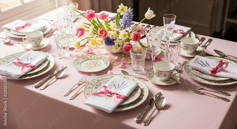 Fototapeta premium Elegant Spring Table Setting with Floral Centerpiece and Fine China