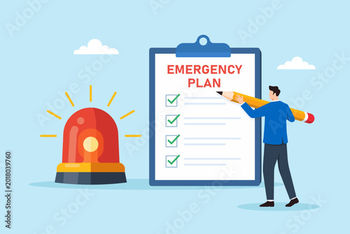 Flat illustration of businessman completing emergency response checklist beside warning siren symbolizing crisis management disaster preparedness safety procedure risk control