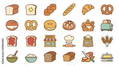 Foto Assortment of baked goods bread pastries and bakery icons illustration