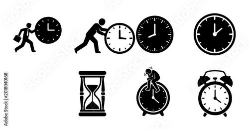 Fotografie Business Time Management Icons Set, Clock and Hourglass Vector Graphics, Deadlin