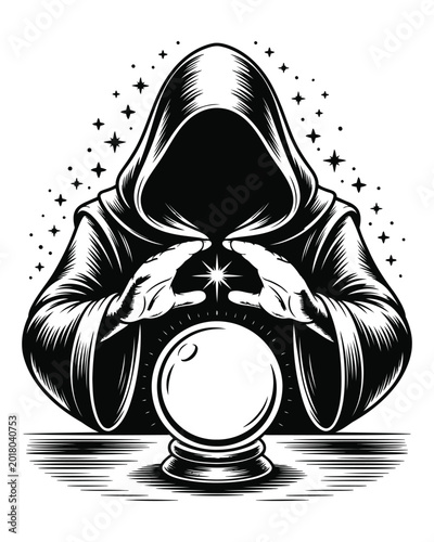 Dark hooded sorcerer casting spells over a glowing crystal ball with floating stars in a vintage ink style