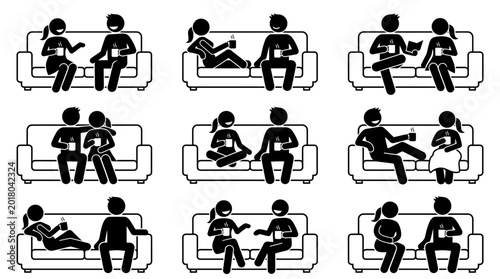 Foto Various stick figure illustrations of couples relaxing and interacting on sofas