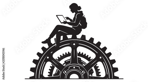 Fotografie Female student silhouette working on laptop, sitting atop intricate industrial gears