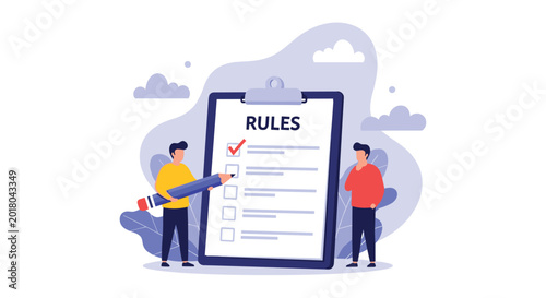 Two young men stand next to a giant clipboard containing a list of rules while one uses a large pencil to check off items.