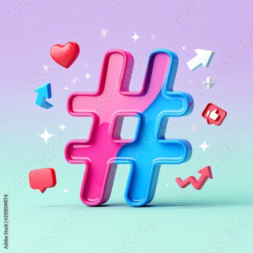 Vibrant 3D hashtag symbols surrounded by social media icons float in air