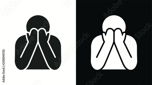 Tableau sur toile Distressed man holding head in hands silhouette icon on black and white backgrou
