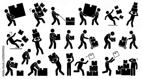 Foto Various Stick Figures Engaged in Manual Labor and Package Logistics Operations