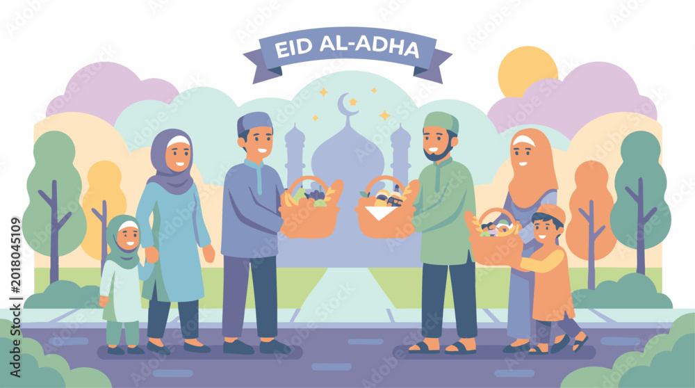 Fototapeta premium Joyful Muslim Families Celebrating a Sacred Festival of Sacrifice and Sharing Gifts with Community Spirit and Togetherness