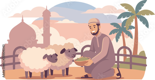 Illustrative scene of a kind man nurturing sheep, set against a mosque backdrop, embodying the spirit of sharing and communal tradition