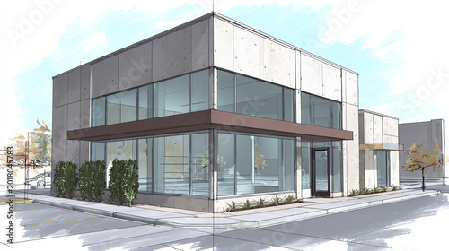 A modern commercial building featuring sleek glass windows and a minimalist design, set against a clear blue sky.
