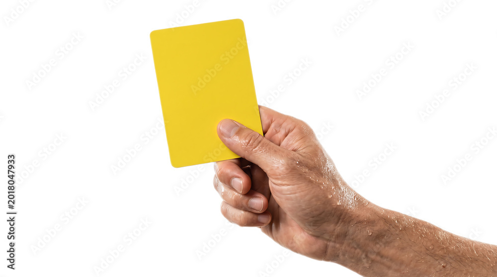 Fototapeta premium Referee holding a yellow card during a sports championship or tournament in 2026, representing a warning or penalty in a competitive game PNG Isolated on transparent background