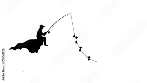 Fotografi Silhouette of a lone fisherman patiently casting a line, a minimalist black and white illustration capturing the essence of fishing, a serene outdoor hobby and recreational activity