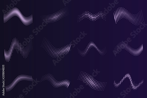 Canvastavla Twelve abstract wavy lines composed of light purple dots on dark purple backgrou