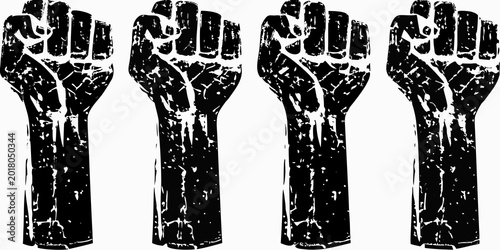 Raised fist silhouettes with grunge texture on white background