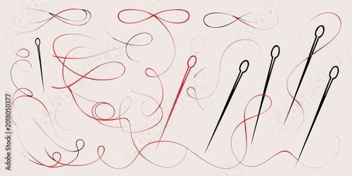 Cuadro en lienzo Sewing needles and red thread vector illustration on a light background
