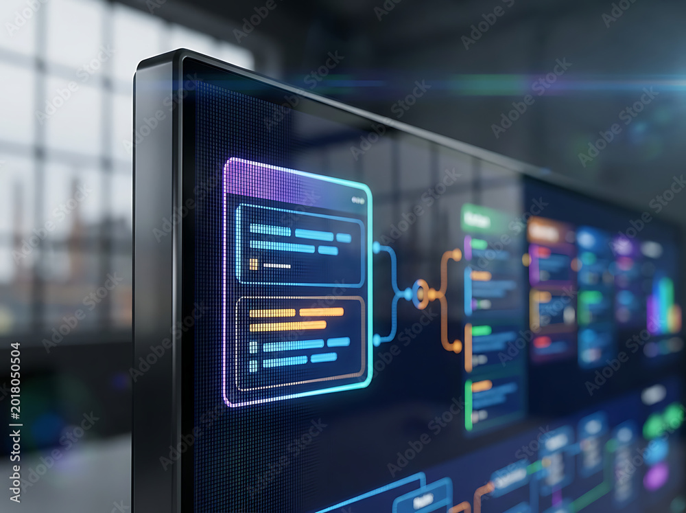 Fototapeta premium Sleek modern monitor displaying an intricate digital user interface with glowing abstract data structures and interconnected software elements for advanced technology concepts