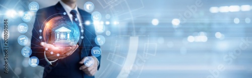 Fotografia Finance expert hand-holds secure global BANKING transaction network, ensuring digital asset protection and wealth management