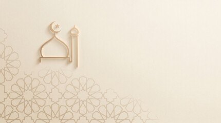 Minimalist Golden Mosque Outline on Cream Background with Islamic Patterns
