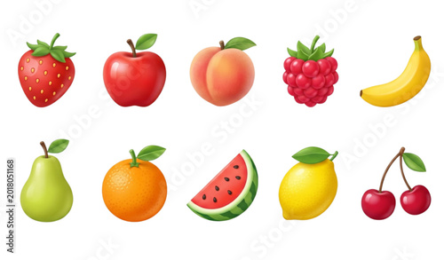 Colorful 3D fruit vector icons with berries banana watermelon and citrus for app and packaging design