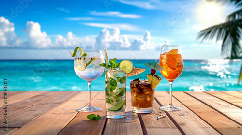 Alcoholic cocktails on a wooden floor behind a sunset sea view.